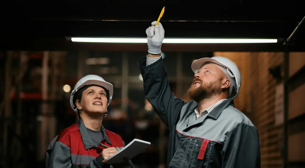 A man and woman wearing hardhats and work clothes in a warehouse setting, both looking toward the ceiling. The man is pointing a yellow mechanical pencil in the air and the woman is taking notes in a notepad.