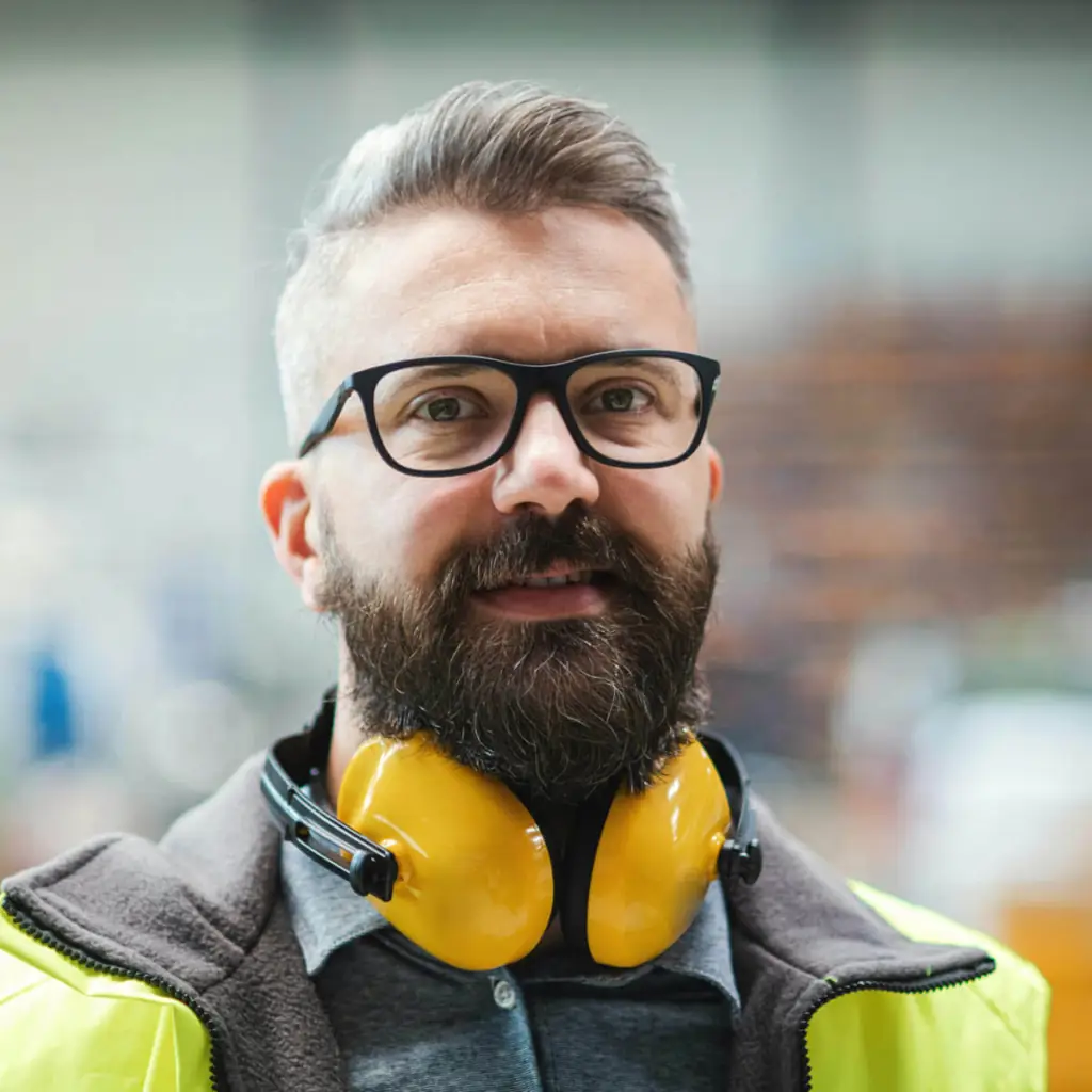 A bearded man with glasses wearing yellow earmuffs around his next and a day-glow yellow coat.